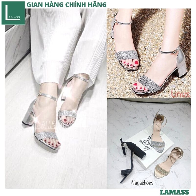 Dép cao gót vuông 7p quai bạc da bóng nhũ kim tuyến đủ size,Sandal quai ngang sang trọng đi chơi đi tiệc quá xinh - LAMA