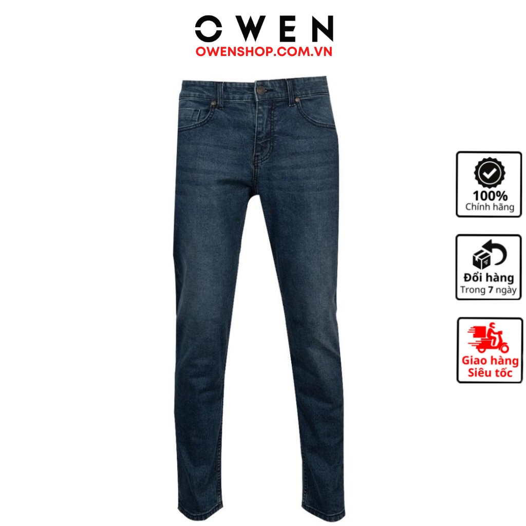 Quần jean nam cao cấp chính hãng Owen QJRL220290 màu xanh đậm vải bò denim cotton bền đàn hồi tốt dáng regular fit ống đ