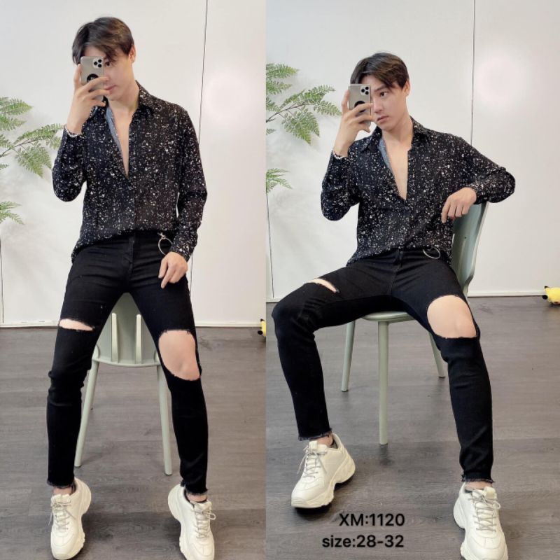 Quần jeans nam thời trang mẫu mới_Quần bò nam đen kiểu đai thắt mới lạ
