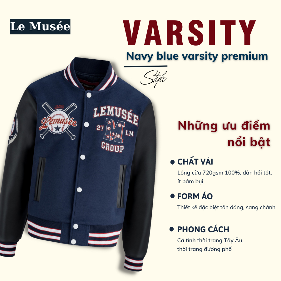 Áo Khoác Varsity Le Musée Vải Lông Cừu 720gsm Chính Hãng 100% Màu Xanh Than
