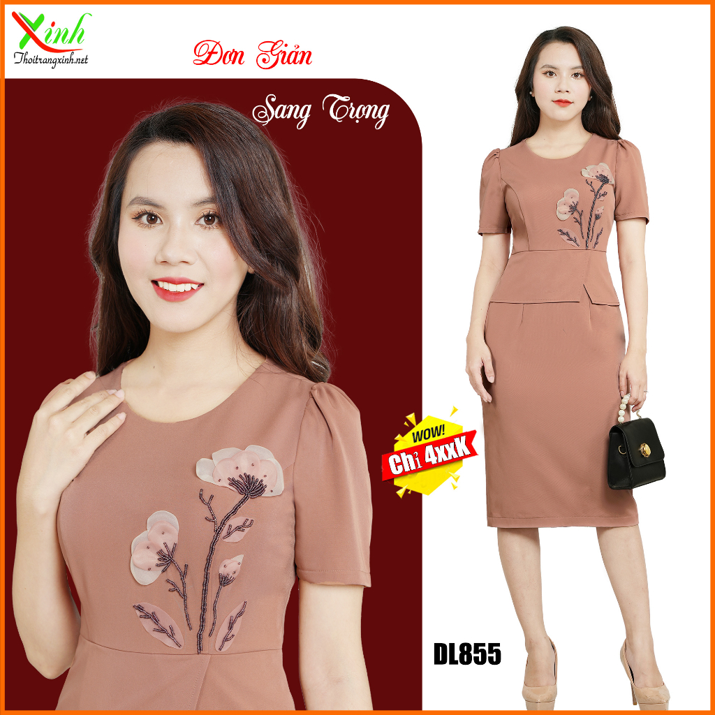 Đầm Suông Kết Hoa Hồng Nude Cao Cấp DL855