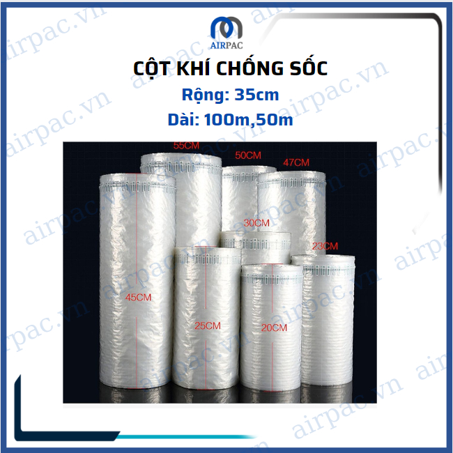 Cuộn100M ,50m Bao bì túi nilon bọc khí, cột khí bơm hơi chống sốc Airpac đóng gói, bọc hàng dễ vỡ kích thước 35cm