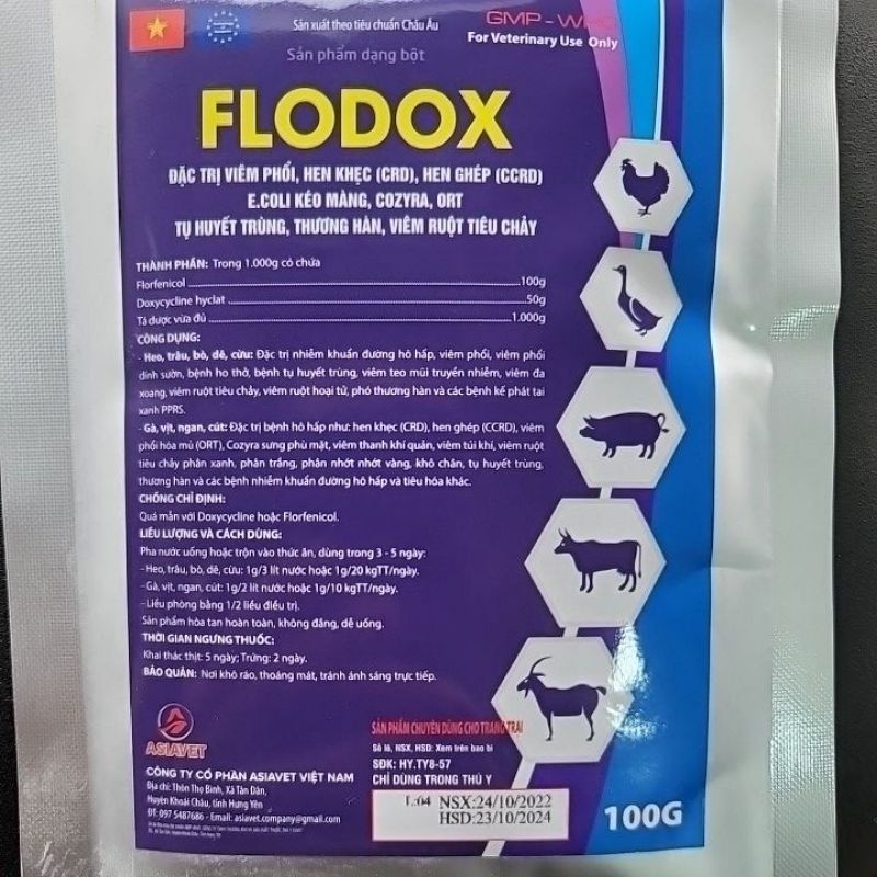 Gói FLODOX 100g chuyên v iêm phổi, hen khẹc, ecoli kéo màng, cozyra, ort, thương hàn, tụ huyết trùng, dùng cho thú cưng