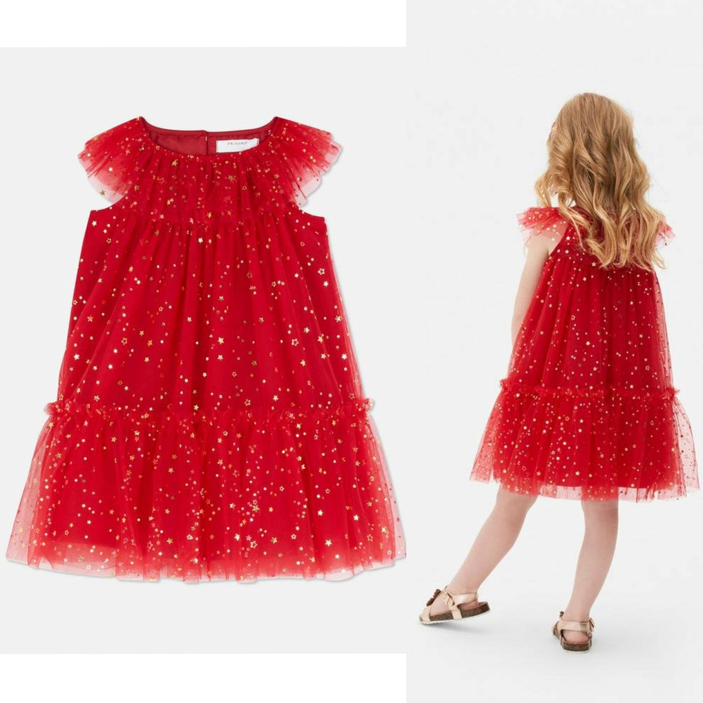 Váy bé gái mùa lễ hội hãng Primark xuất dư xịn. Màu đỏ rực rỡ, lấp lánh , chất voan mềm mại, nhẹ không nhăn. 1,5/2Y-6/7Y