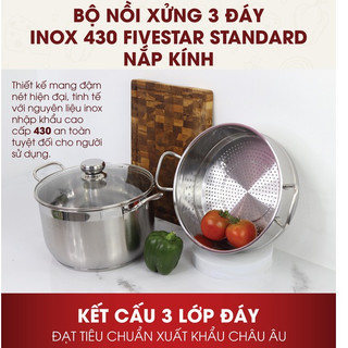 Bộ nồi xửng hấp 3 đáy từ inox 430 cao cấp FiveStar Standard nắp kính ( 26cm ) , dùng được mọi bếp