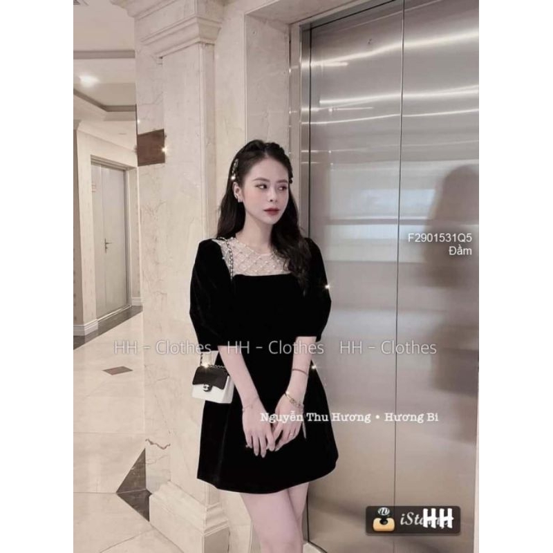 Đầm xòe nhung tay bồng phối ren hàng QC!