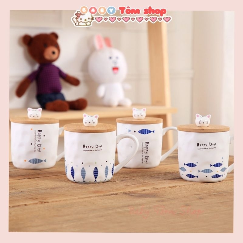 Cốc gốm sứ có nắp đậy kèm thìa họa tiết cá, thỏ, Baby Tôm. Cốc gốm sứ văn phòng