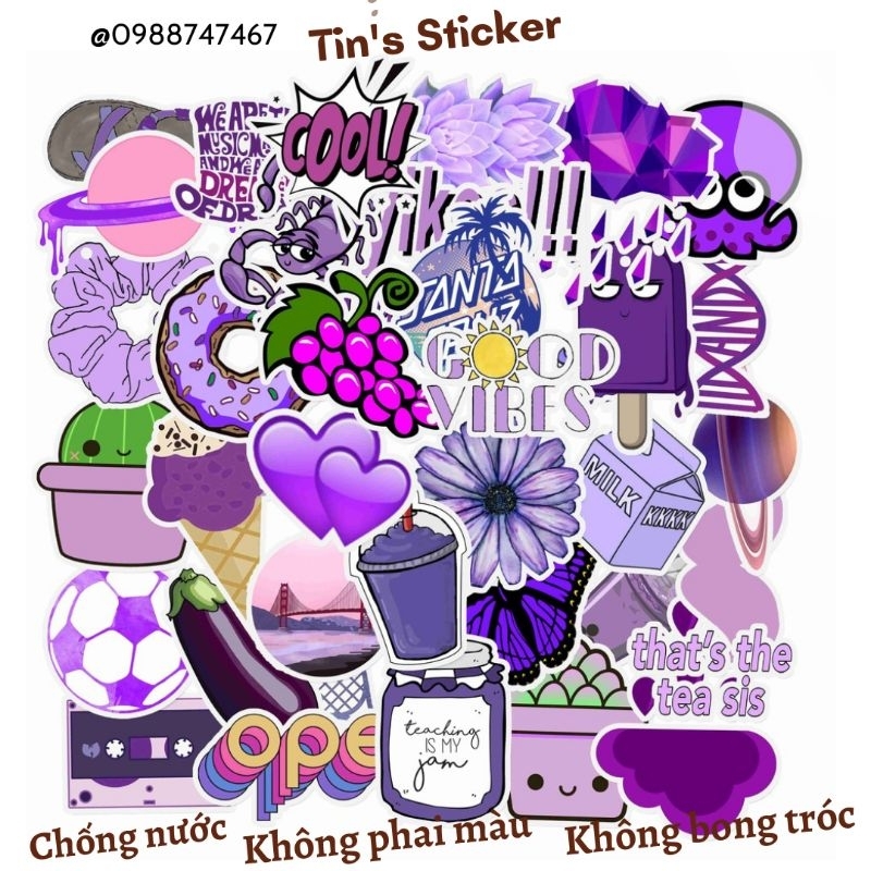 Set combo 50 miếng dán sticker chủ đề màu tím dán nón mũ bảo hiểm laptop vali sổ tay đàn guitar điện thoại tủ lạnh xe