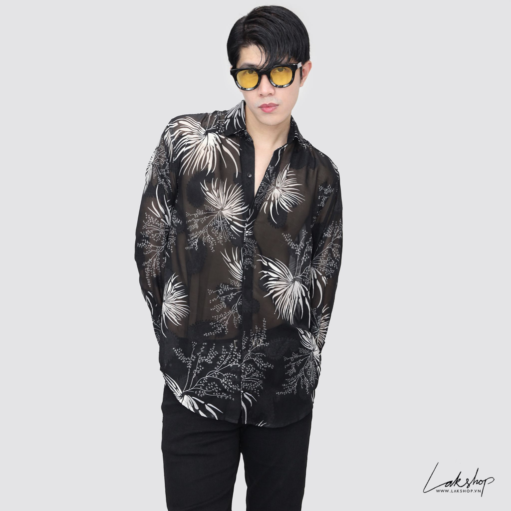 Áo sơmi xuyên thấu Lak Studios Fan Palm x Paisley Black Silk Shirt