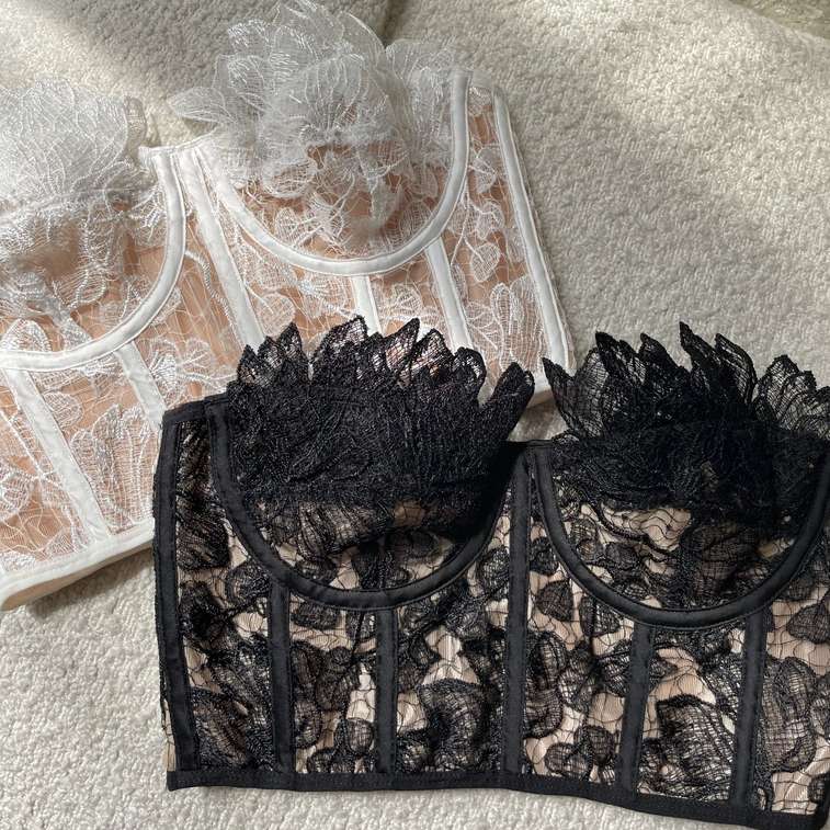 Olivia Corset - Áo Bra Ren Thêu Hoa Quây Cúp Ngang Màu Trắng Đen Thiết Kế La Perbra Premium