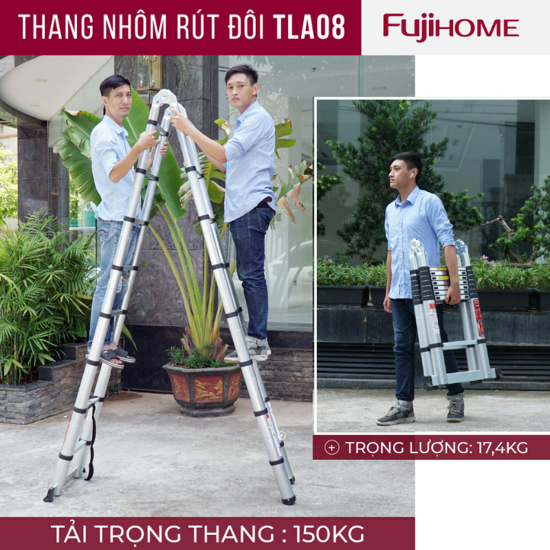 Thang nhôm rút gọn chữ A nhập khẩu FUJIHOME TLA08 chiều cao tối đa 5m - 2x8 bậc - Đế cao su - Bảo hành 24 tháng