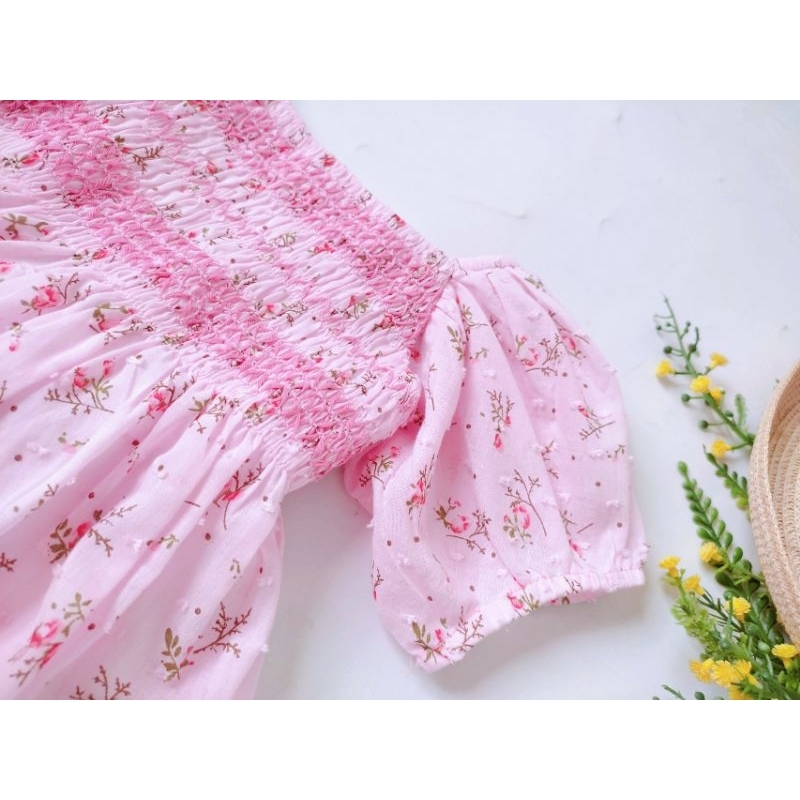 Váy đầm Smock hoa nhí Hồng & Vàng cho bé gái 7kg - 25kg