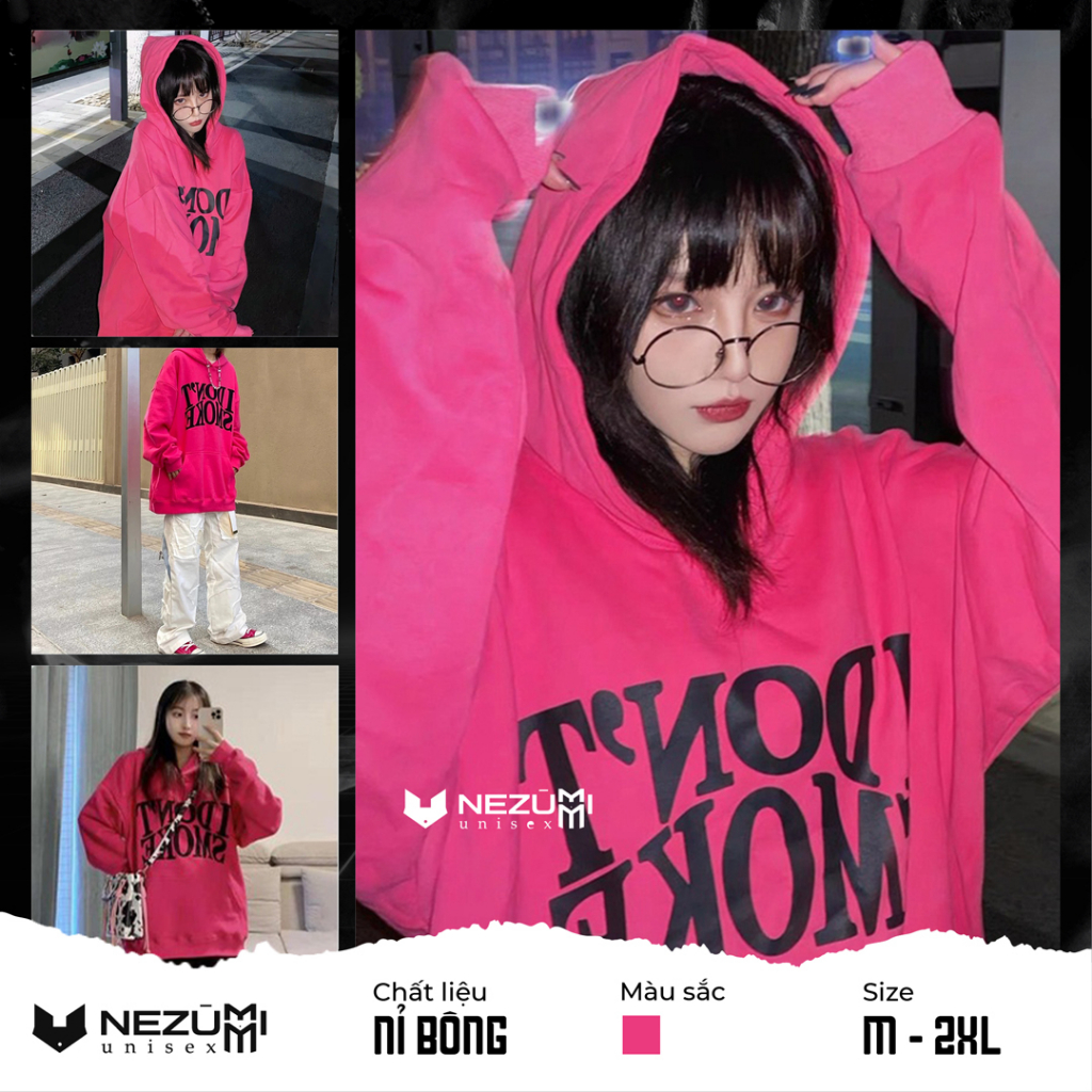 (Sẵn hồng đủ size_ảnh thật) Áo hoodie chữ I DONT SMOKE màu hồng đậm unisex nam nữ cá tính hip hop Châu Âu