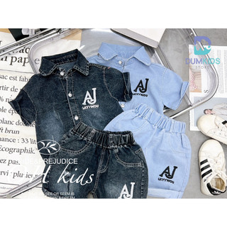 Đồ bộ bé trai , Set bộ jeans cộc tay Áo sơ mi bò thêu chữ AJ sắc nét phối quần bò ráchsành điệu cho bé