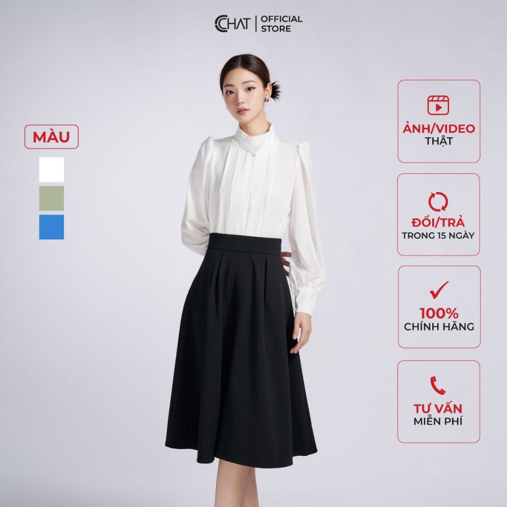 Áo Sơ Mi Nữ 𝐂𝐂𝐇𝐀𝐓 Cổ Lọ Xếp Chéo Chất Lụa Cao Cấp Mềm Mịn 13ADL2001ST