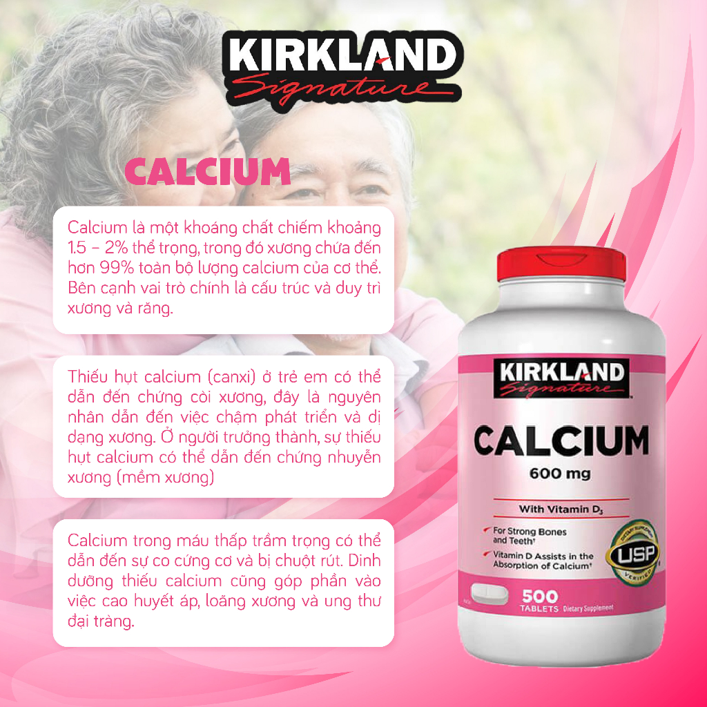 Viên uống Kirkland Signature Calcium 600mg+D3 duy trì hệ xương khớp khỏe mạnh 500 viên