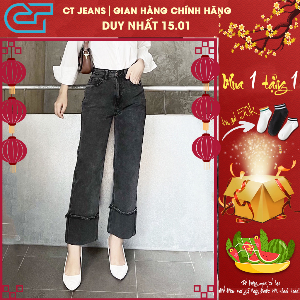 Quần jean ống rộng màu xám khói - Quần bò ống rộng gấu gập ngược thời thượng cá tính CP02, CT JEANS