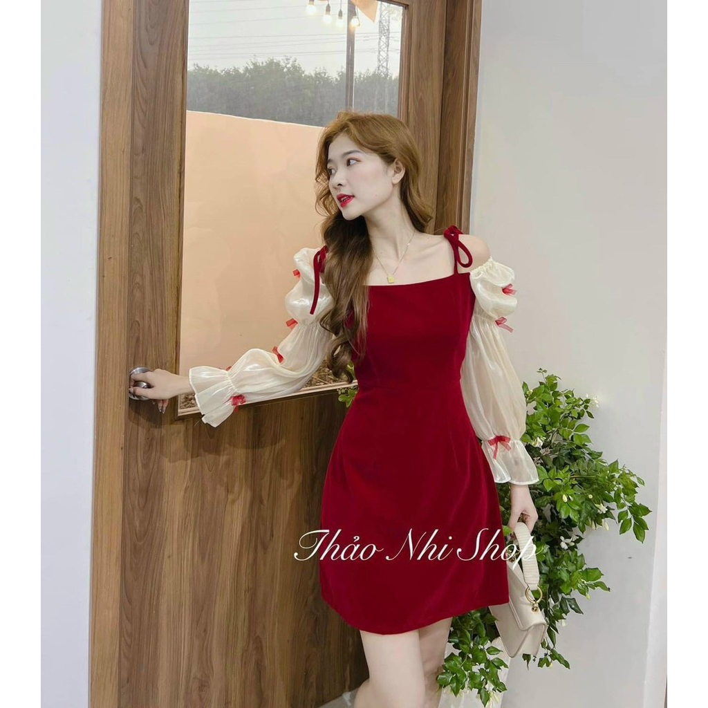 Váy nhung đính nơ dài tay, chất liệu tơ nến may bồng đính nơ tiểu thư Có khoá lưng tEM mác như hàng shop