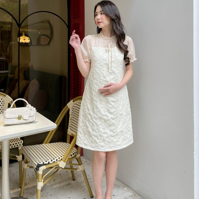 MEDYLA - Váy bầu mùa hè gấm trắng thiết kế sang trọng cho bầu đi chơi, đi tiệc cực sang - VS1166