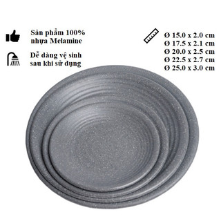 Dĩa tròn gân nhựa Melamine nhám xám nhiều Size