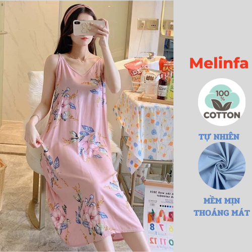 Váy đầm ngủ hai dây nữ mặc nhà vải Cotton lanh lụa tự nhiên thoáng mát mềm mại, đầm lanh mặc mùa hè, bigsize mã VAV0221