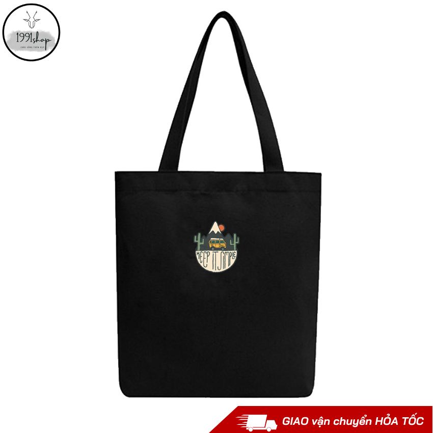 Túi tote vải Canvas Đen 1991Shop có dây kéo khóa in hình Keep It Simple đựng vừa laptop 14" B11