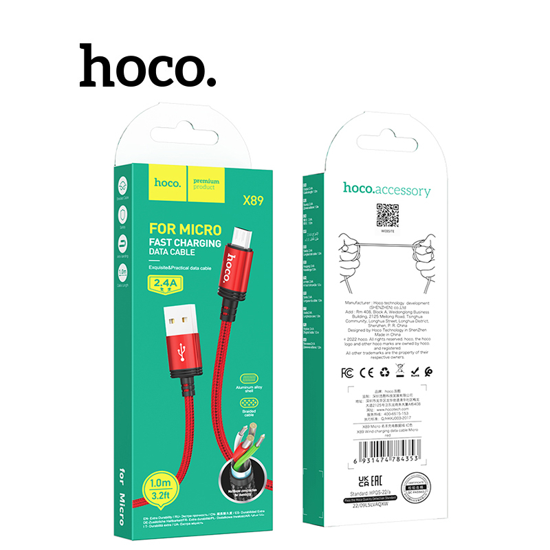 Cáp sạc Hoco X89 Micro sạc nhanh 2.4A chất liệu PVC an toàn cho Samsung (ĐỎ)