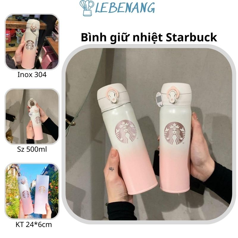 Bình nước giữ nhiệt inox 304 500ml Stabuck màu hồng loang tráng men xịn xò LEBENANG D2.099