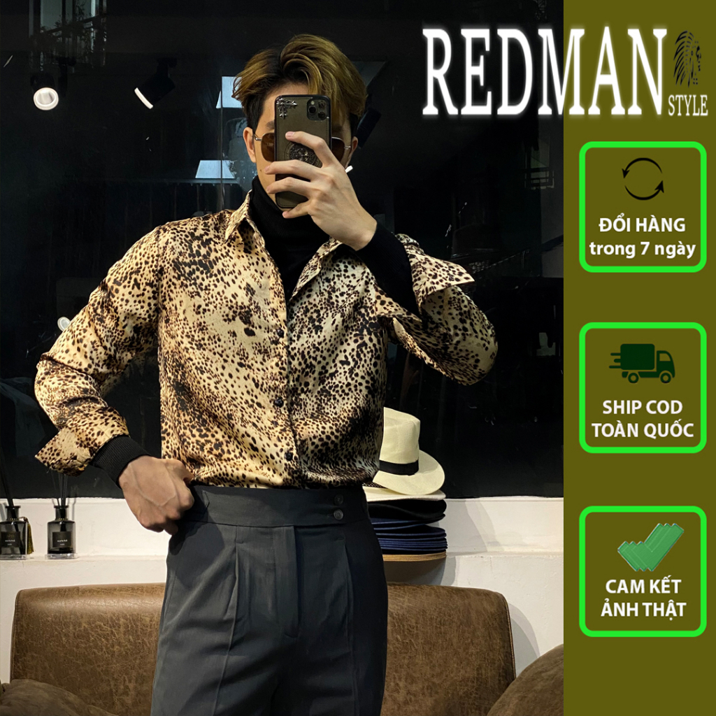 Áo sơ mi nam họa tiết dài tay Puma Vàng - Vải lụa mango chống nhăn cao cấp [RedMan]