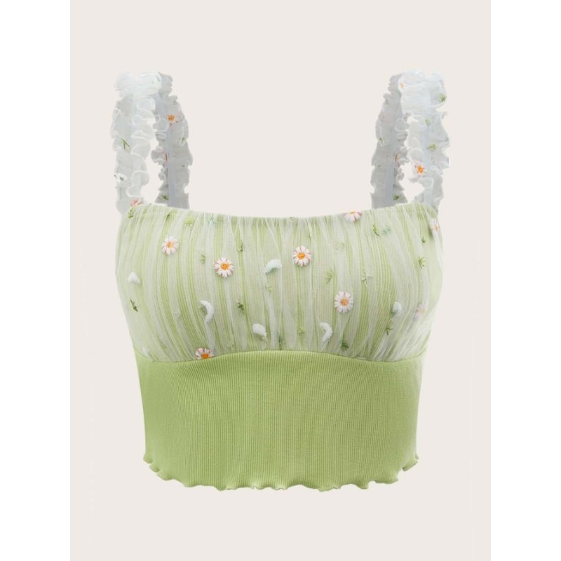 Áo 2 dây thêu viền lá sen có hoa style Boho 💚