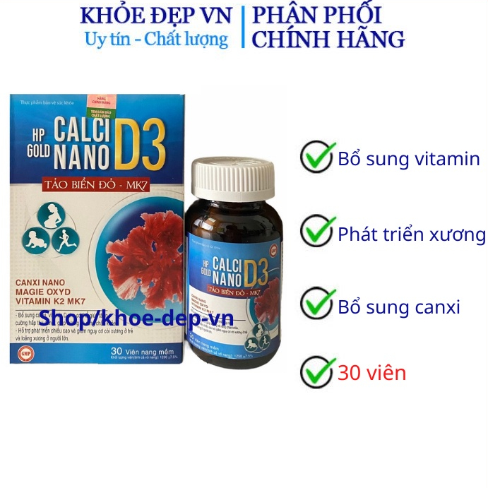 Calci Nano D3 Tảo Biển Đỏ K2 Bổ sung canxi, chống còi xương ở trẻ em, loãng xương thoái hóa ở người lớn hộp 30 viên