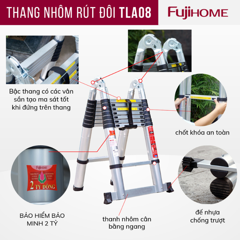 Thang nhôm rút gọn chữ A nhập khẩu FUJIHOME TLA08 chiều cao tối đa 5m - 2x8 bậc - Đế cao su - Bảo hành 24 tháng