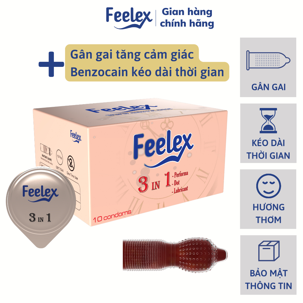 Bao cao su Feelex 3in1 gân gai, nhiều gel bôi trơn, kéo dài thời gian quan hệ - Hộp 10 bcs