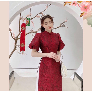 SÉT ÁO DÀI ĐỎ cổ tàu cao câp thiết kế vân hoa hồng nổi sang trọng quý phái phù hợp với mọi lứa tuổi