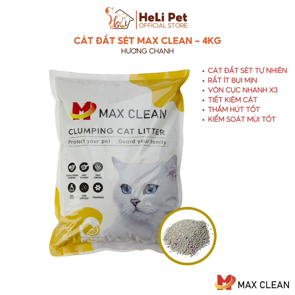 Cát Vệ Sinh Cho Mèo Max Clean Dùng Máy Dọn Phân Mèo, Khay Vệ Sinh Hương CHANH 4Kg Siêu Vón Siêu Ít Bụi