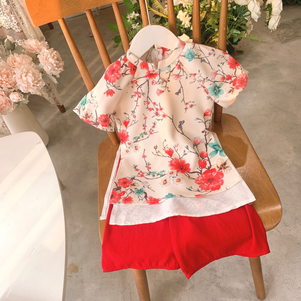 Áo dài cách tân bé gái mặc tết hoa màu hồng xanh tím vàng đỏ xòe cho bé đi chơi, lễ tết có size tới 24Kg