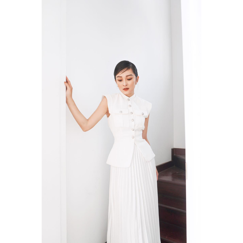 Chân váy dập li trắng chất lụa cao cấp 2 lớp - White Pleated Skirt