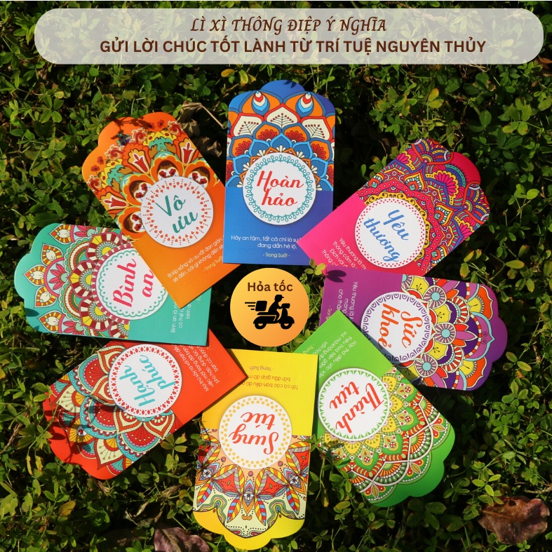 Lì Xì Trong Suốt 2023 - Hoa văn Mandala - Bộ 8 chiếc với 8 Lời chúc kèm Năng Lượng Tốt lành của biểu tượng Mandala
