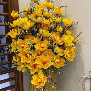 Hoa giả - Hoa mộc lan xốp nhập khẩu thân lõi thép PU dày dặn, chắc chắn - 1 cành 110cm 6 bông to decor trang trí đẹp