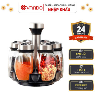 Bộ 6 hũ lọ thủy tinh đựng gia vị, muối, tiêu, ớt cho phòng bếp kèm đế xoay 360 độ