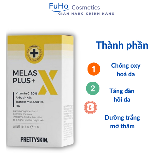 Serum PrettySkin Melas X Plus + Tinh chất  dưỡng trắng da mờ thâm giảm nám dung tích 30ml Fuho Cosmetics