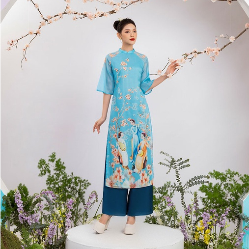 Set bộ áo dài tơ xanh tiều thư Orchid GD26O097
