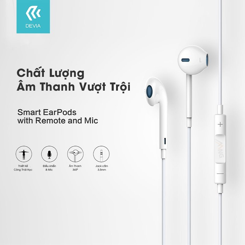 Tai nghe có dây có mic nhét tai jack 3.5mm Devia smart EM022 chơi game nghe nhạc hàng chính hãng bảo hành 12 tháng