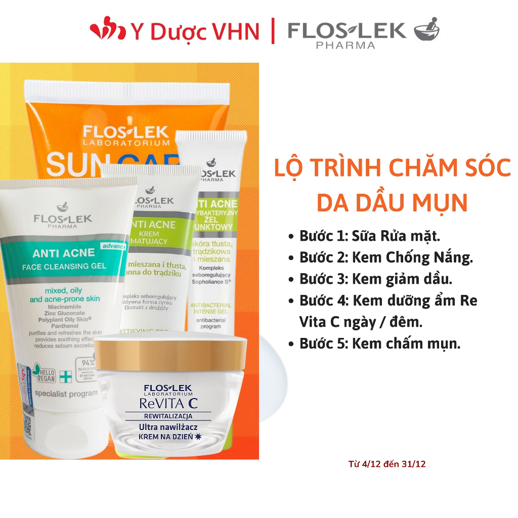 Combo sản phẩm chăm sóc da mụn Floslek hỗ trợ giảm mụn, làm sáng, dưỡng ẩm mịn màng da