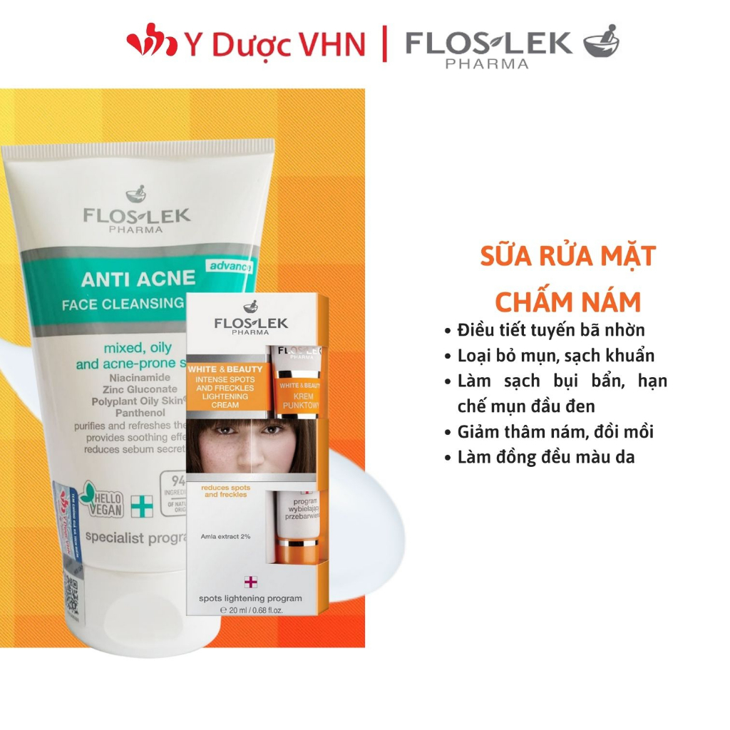 Combo sữa rửa mặt 200ml và kem chấm nám tàn nhan 20ml Floslek làm sạch - đều màu sáng da - mờ nám tàn nhan - Chính hãng