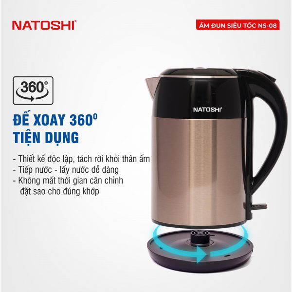 Ấm siêu tốc, bình đun nước siêu tốc Natoshi N08, inox 304 siêu bền, công suất 1800W, bảo hành 12 tháng