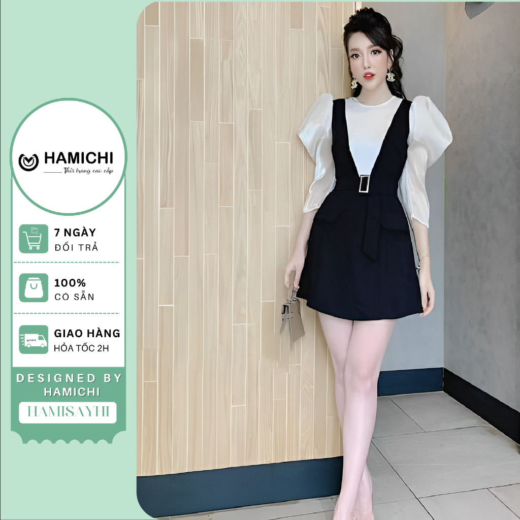 Set váy đen phối áo voan hàng thiết kế Dáng Chữ A sang chảnh, đồ công sở,hàng thiết kế by hamichi fashion