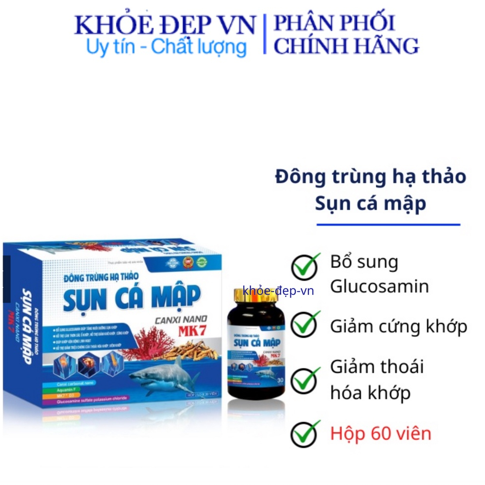 Đông trùng hạ thảo Sụn Cá Mập canxi nano MK7 giúp giảm khô khớp, cứng khớp, thoái hóa khớp – hộp 2 lọ x 30 viên