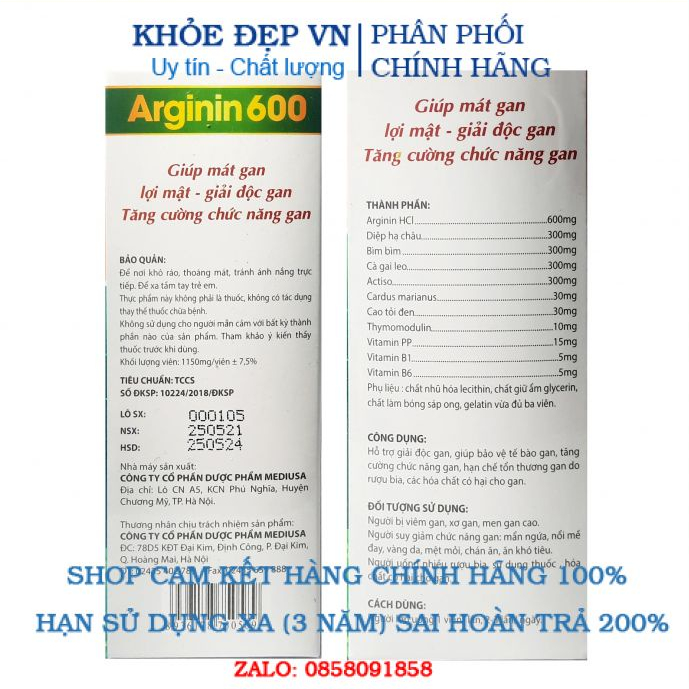 Viên uống Arginin 600 - Tăng cường chức năng gan - Hộp 60 viên