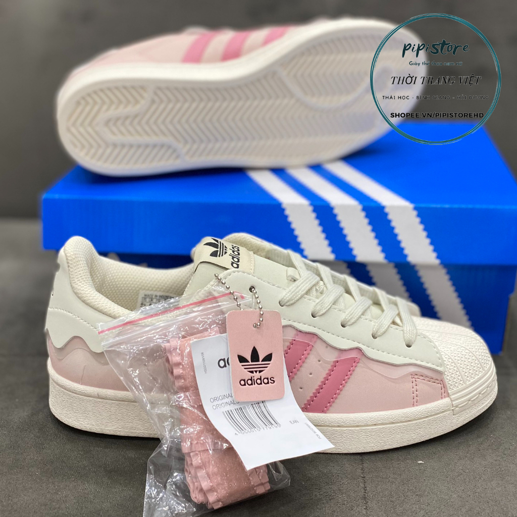 Giày adidas superstar, adidas Sò hồng, màu hồng kem bản S.C 2022 dây hồng full box